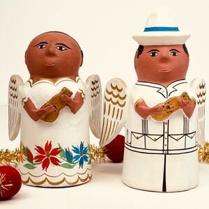 2 Angel Clay Folk Art Peru Mexico Figure Hand Painted Red Clay Man Woman Guitar